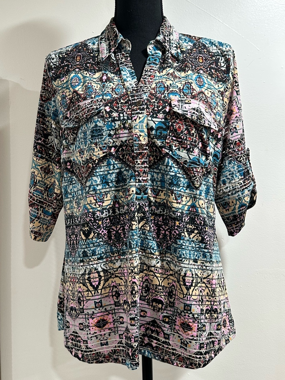 Rebecca Malone Neutral Aztec Print Shirt with Pink and Blue Accents